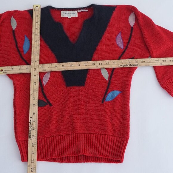 Vintage Franco Valeri Red Knit Black V-Neck Details Colourful Leaves Sweater S - Picture 4 of 11